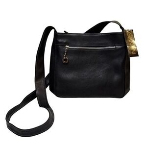 Giannini Black Faux Leather Crossbody Shoulder Bag Zipper Pocket Bag Charm